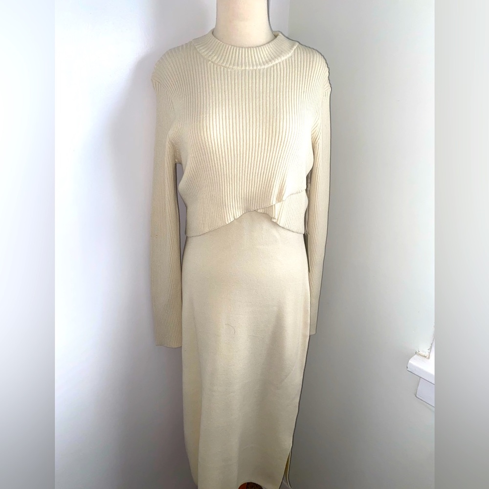 JOIE 2-Piece Cream Ribbed Knit Sweater Dress Set - Size L- NEW